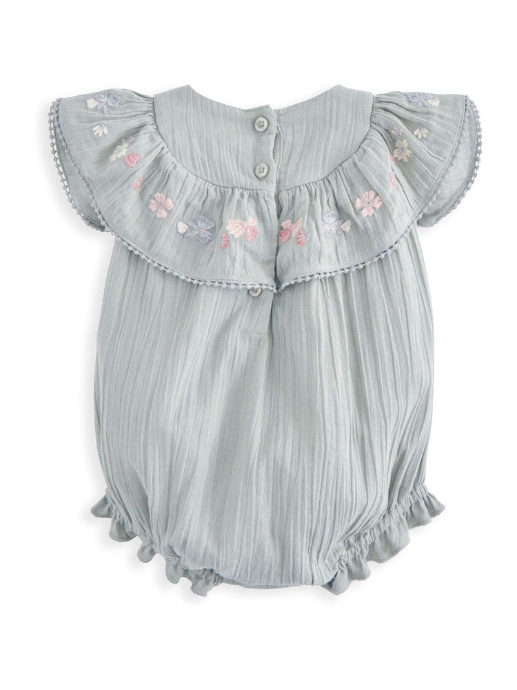 Mamas & Papas Grey Floral Embroidered Frill Shortie 100% Cotton Romper - Image 3 of 3