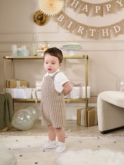 Mamas & Papas Collar 100% Cotton Brown T-Shirt & Stripe Dungaree Set - Image 1 of 8