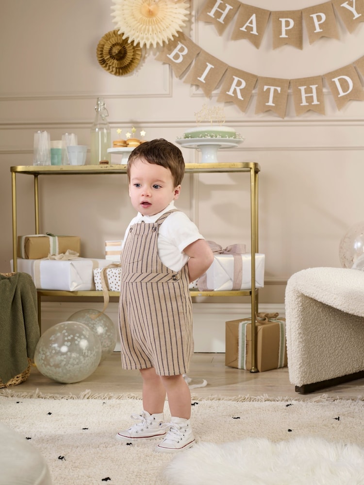 Mamas & Papas Collar 100% Cotton Brown T-Shirt & Stripe Dungaree Set - Image 1 of 8