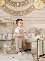 Mamas & Papas Collar 100% Cotton Brown T-Shirt & Stripe Dungaree Set - Image 2 of 8