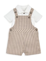 Mamas & Papas Collar 100% Cotton Brown T-Shirt & Stripe Dungaree Set - Image 6 of 8
