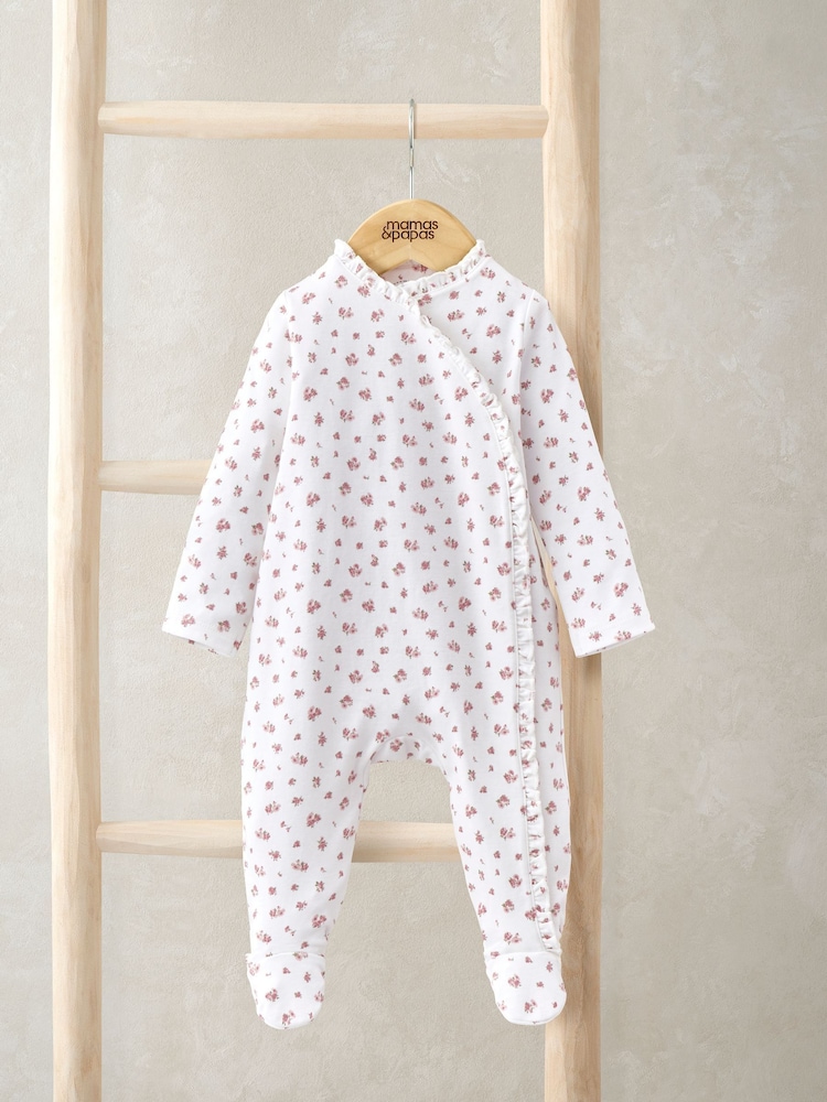Mamas & Papas Ditsy Rose Print Frill Shortie 100% Cotton White Romper - Image 1 of 3