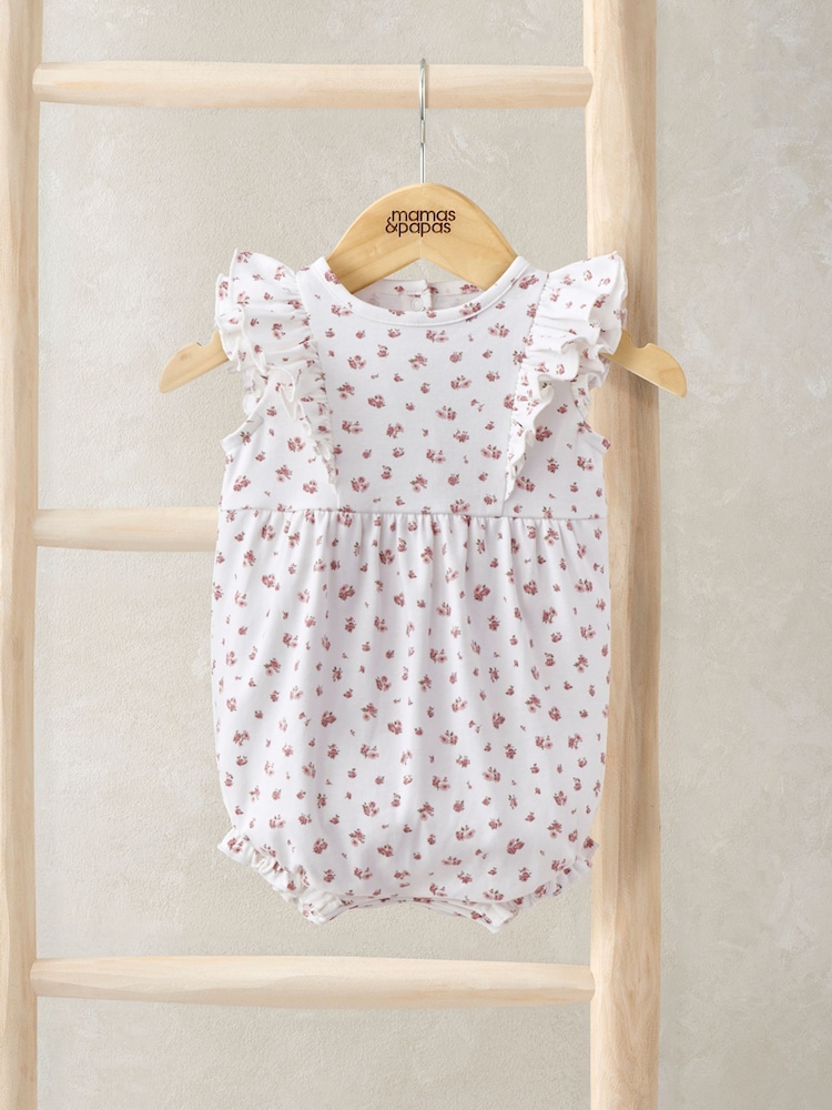 Mamas & Papas Ditsy Rose Print Frill Detail Wrap 100% Cotton White Sleepsuit - Imagen 1 de 3