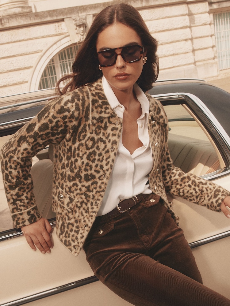 Animal Leopard Print Collared Buttoned Knit Cardigan - Image 2 of 5