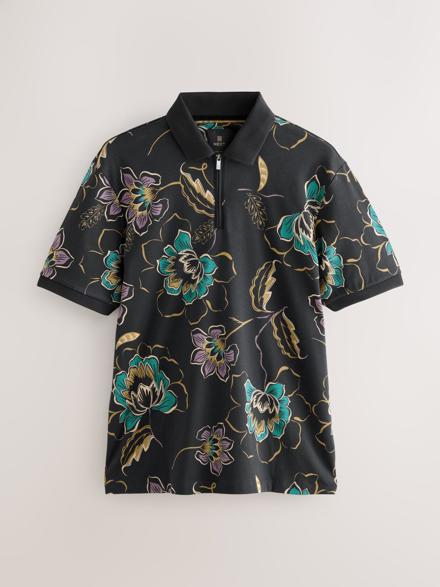 Buy Black Floral Pattern Quarter Zip Polo Shirt from Next USA