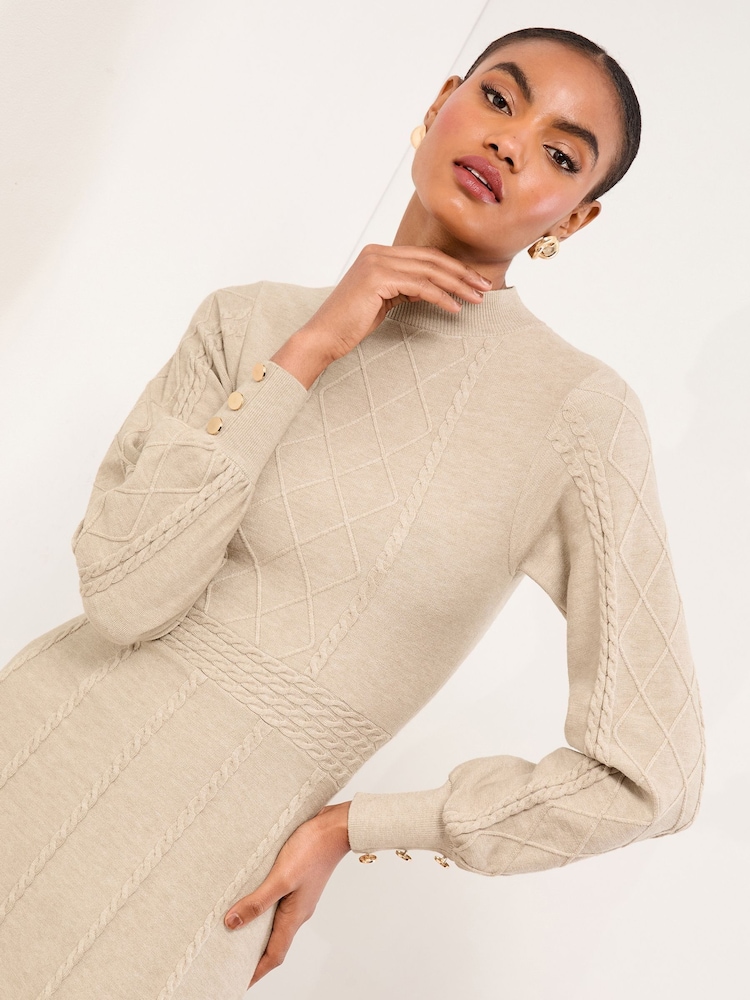 Lipsy Neutral Mini Diamond Knitted Long Sleeve Dress - Image 2 of 4 Lipsy Neutral Mini Diamond Knitted Long Sleeve Dress - Image 2 of 4