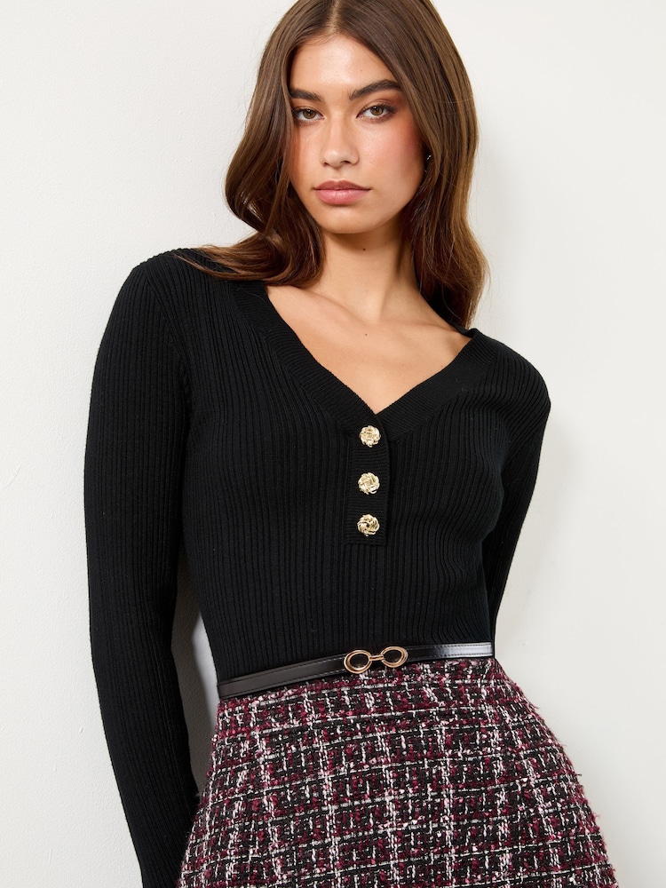 Lipsy Black Mini Boucle 2-in-1 V-Neck Knitted Dress - Image 2 of 5