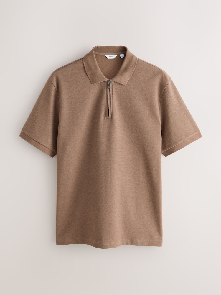 Neutral Brown Textured Smart Zip Neck Polo Shirt - Image 1 of 3 Neutral Brown Textured Smart Zip Neck Polo Shirt - Image 1 of 3