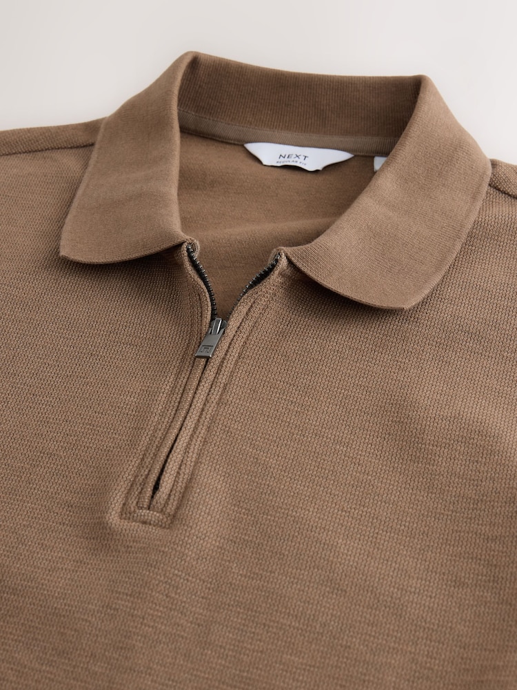 Neutral Brown Textured Smart Zip Neck Polo Shirt - Image 2 of 3 Neutral Brown Textured Smart Zip Neck Polo Shirt - Image 2 of 3