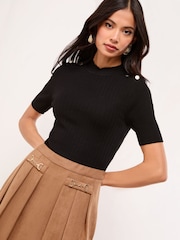 Lipsy Black/Nude Suede Mini 2-in-1 Short Sleeve Pleated Knitted Dress - Image 3 of 4