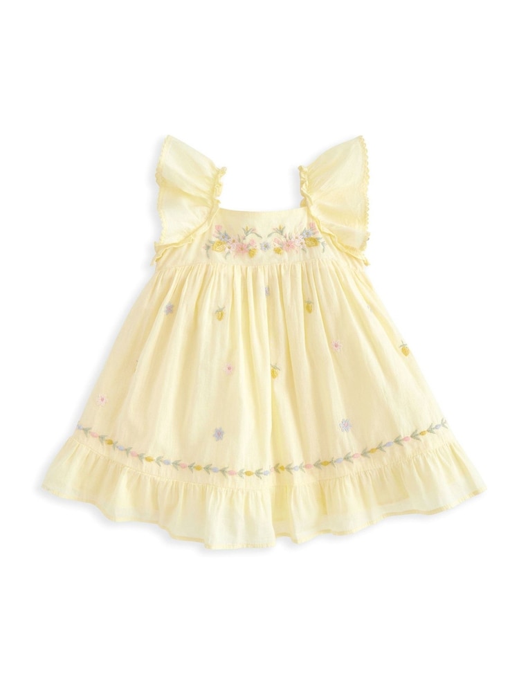 Mamas & Papas Yellow 100% Cotton Frill Embroidered Dress - Imagen 1 de 2