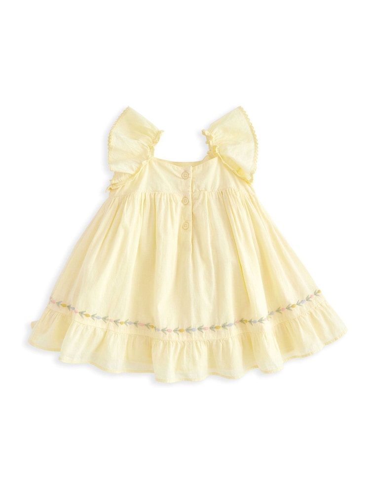Mamas & Papas Yellow 100% Cotton Frill Embroidered Dress - Imagen 2 de 2