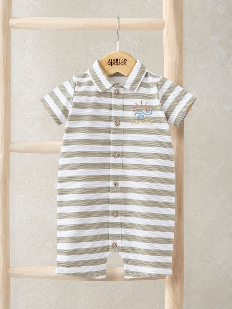 Mamas & Papas Pique Striped 100% Cotton Brown Romper - Image 1 of 3