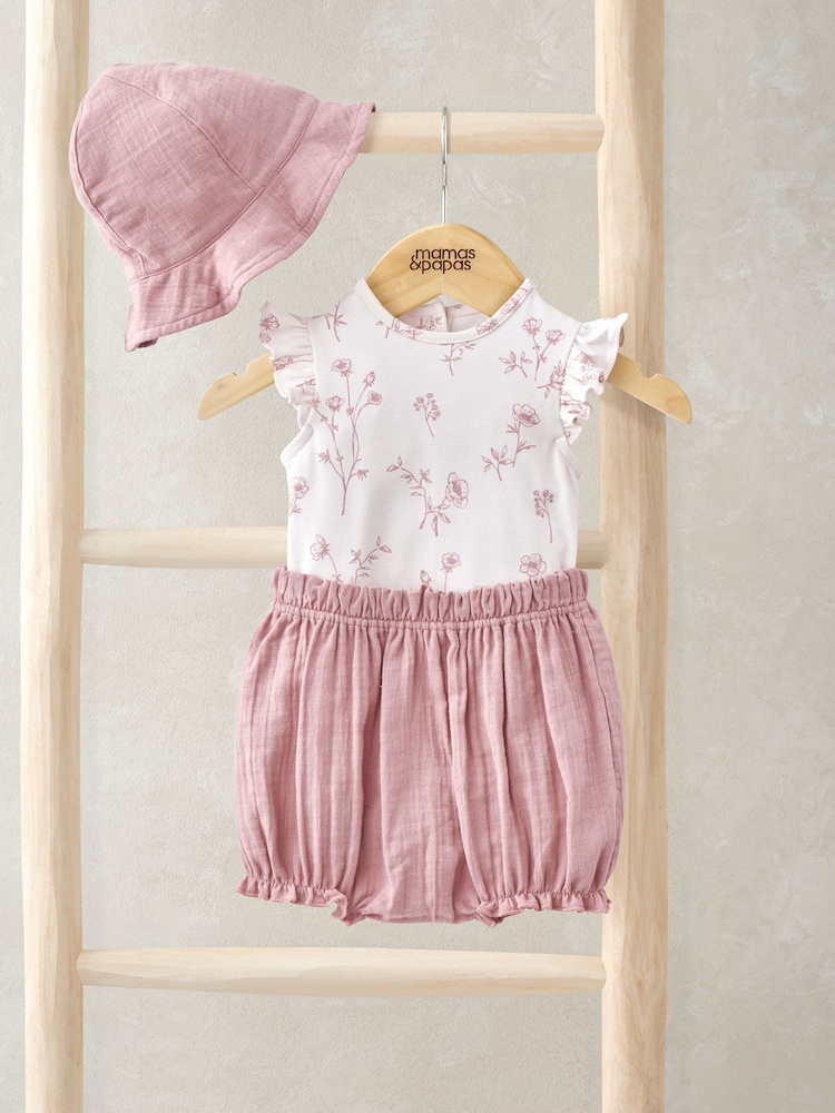 Mamas & Papas Sprigs Print 100% Cotton White Bodysuit, Bloomer & Hat Outfit Set - Image 1 of 4