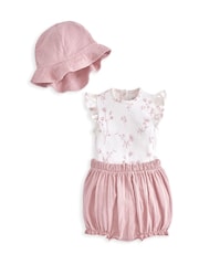 Mamas & Papas Sprigs Print 100% Cotton White Bodysuit, Bloomer & Hat Outfit Set - Image 2 of 4