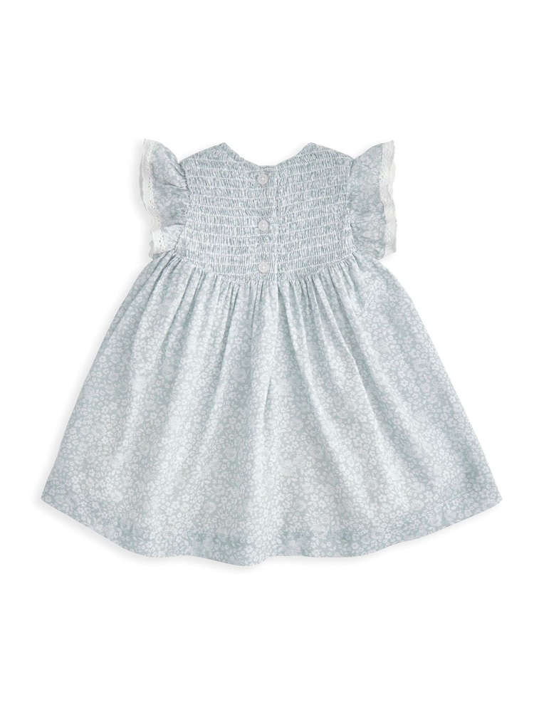 Mamas & Papas Blue 100% Cotton Floral Print Frill Sleeve Dress - Image 2 of 3