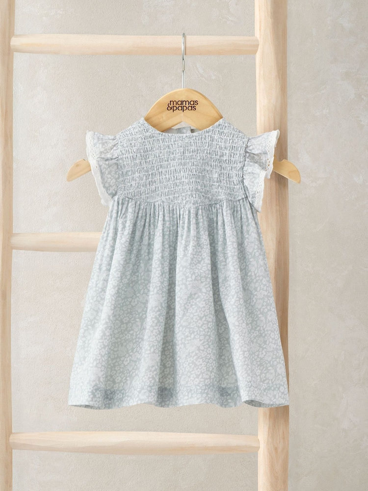 Mamas & Papas Blue 100% Cotton Floral Print Frill Sleeve Dress - Image 3 of 3