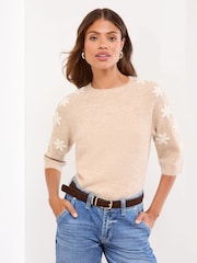 Lipsy Neutral Embroidered Flower Crew Neck 3/4 Sleeve Knitted Jumper - Image 1 of 4