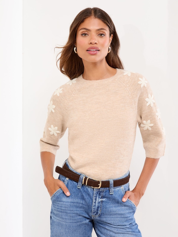 Lipsy Neutral Embroidered Flower Crew Neck 3/4 Sleeve Knitted Jumper - Image 1 of 4