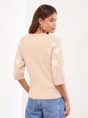 Lipsy Neutral Embroidered Flower Crew Neck 3/4 Sleeve Knitted Jumper - Image 2 of 4