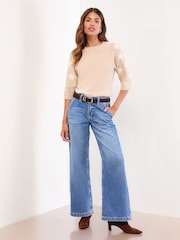 Lipsy Neutral Embroidered Flower Crew Neck 3/4 Sleeve Knitted Jumper - Image 3 of 4