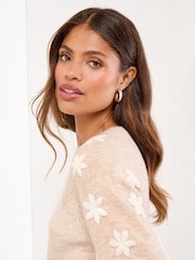 Lipsy Neutral Embroidered Flower Crew Neck 3/4 Sleeve Knitted Jumper - Image 4 of 4