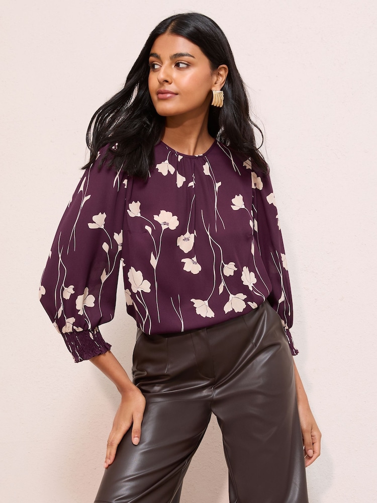 Friends Like These Burgundy Floral Print Petite 3/4 Sleeve Shirred Cuff Blouse - Image 1 of 4 Friends Like These Burgundy Floral Print Petite 3/4 Sleeve Shirred Cuff Blouse - Image 1 of 4
