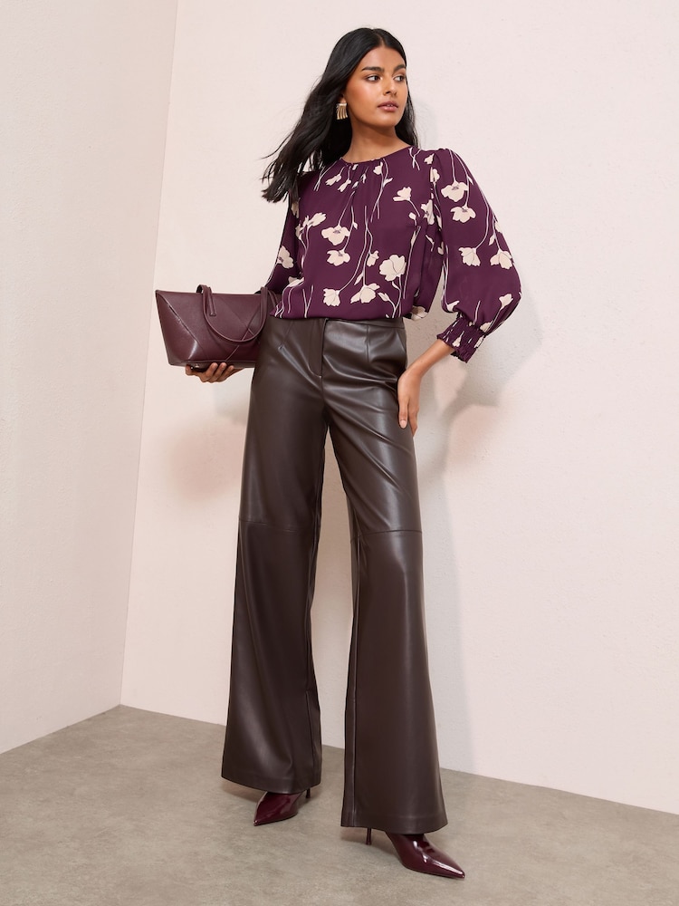 Friends Like These Burgundy Floral Print Petite 3/4 Sleeve Shirred Cuff Blouse - Image 2 of 4 Friends Like These Burgundy Floral Print Petite 3/4 Sleeve Shirred Cuff Blouse - Image 2 of 4