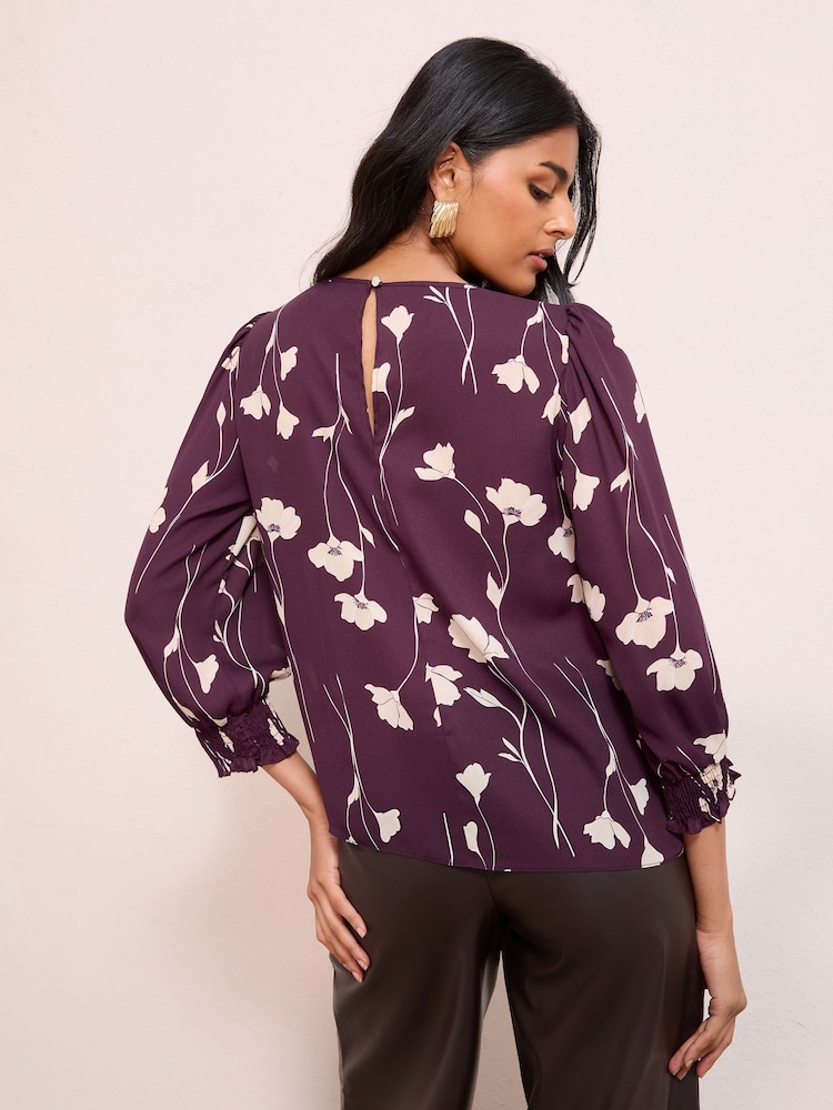 Friends Like These Burgundy Floral Print Petite 3/4 Sleeve Shirred Cuff Blouse - Image 4 of 4 Friends Like These Burgundy Floral Print Petite 3/4 Sleeve Shirred Cuff Blouse - Image 4 of 4