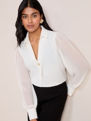 Friends Like These Ivory Long Sleeve V-Neck Button Front Blouse - Image 1 of 5