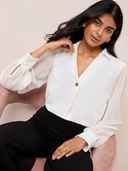 Friends Like These Ivory Long Sleeve V-Neck Button Front Blouse - Image 2 of 5