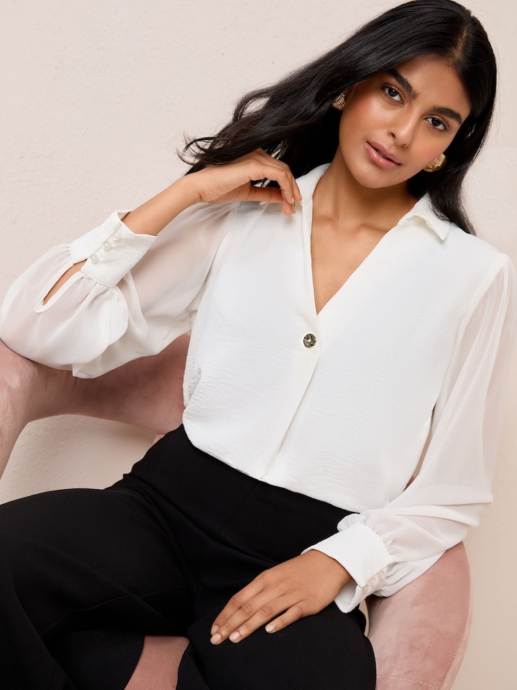 Friends Like These Ivory Long Sleeve V-Neck Button Front Blouse - Image 2 of 5