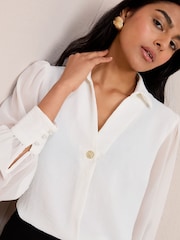 Friends Like These Ivory Long Sleeve V-Neck Button Front Blouse - Image 3 of 5