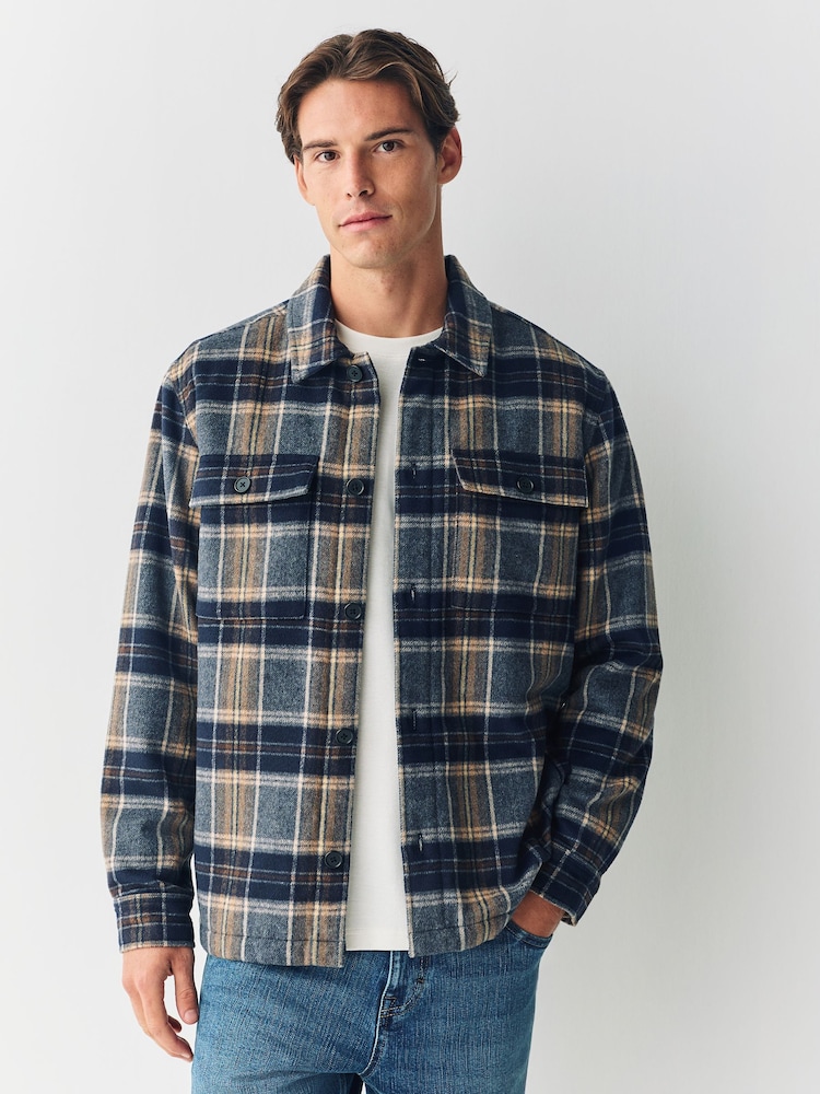 Navy Blue Borg Lined Check Shacket - Image 1 of 10
