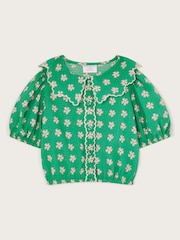 Monsoon Green Floral Print Puff Sleeve Collared Blouse - Image 1 of 3
