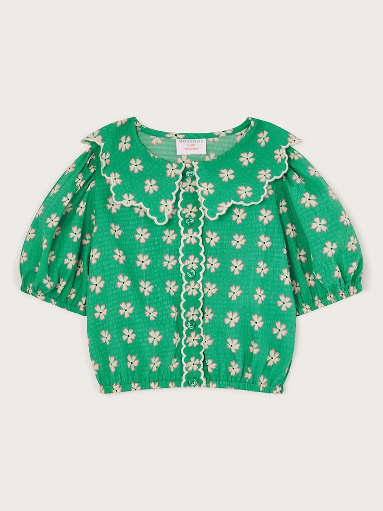 Monsoon Green Floral Print Puff Sleeve Collared Blouse - Image 1 of 3
