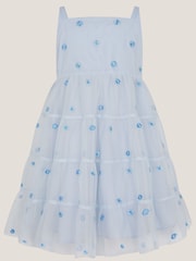 Monsoon Blue Baby Thea Embroidered Back-Bow Tiered Dress - Image 1 of 3