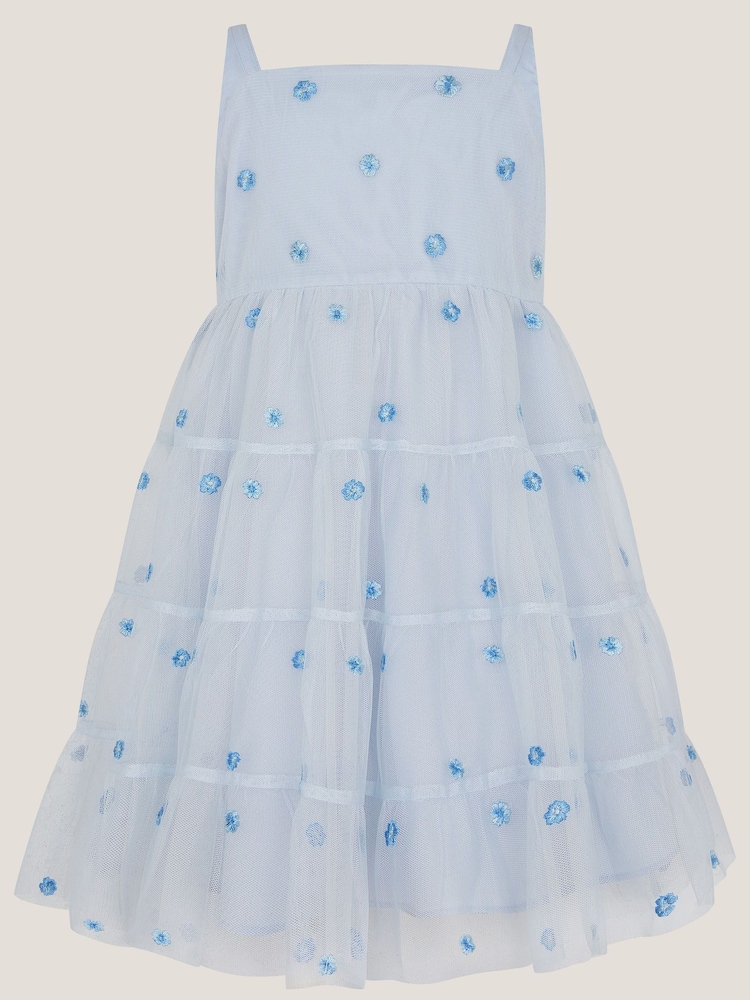 Monsoon Blue Baby Thea Embroidered Back-Bow Tiered Dress - Image 1 of 3