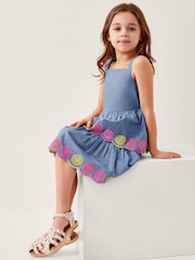 Monsoon Blue Chambray Broderie Tiered 100% Cotton Dress - Image 1 of 4
