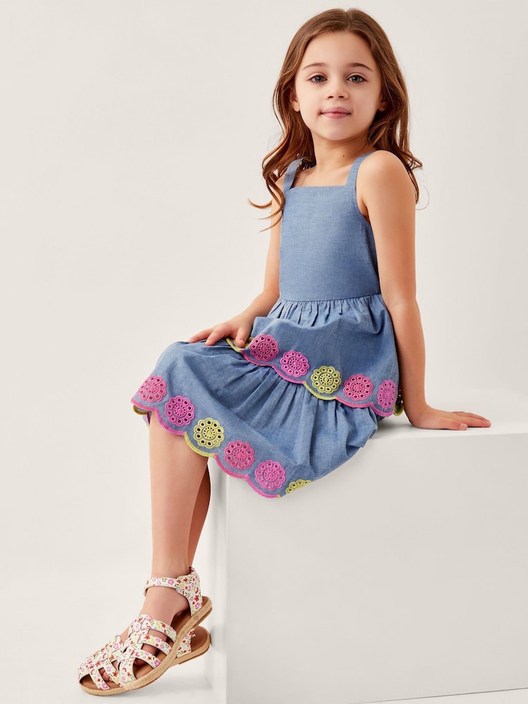 Monsoon Blue Chambray Broderie Tiered 100% Cotton Dress - Image 1 of 4