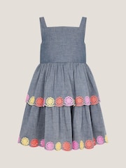 Monsoon Blue Chambray Broderie Tiered 100% Cotton Dress - Image 2 of 4