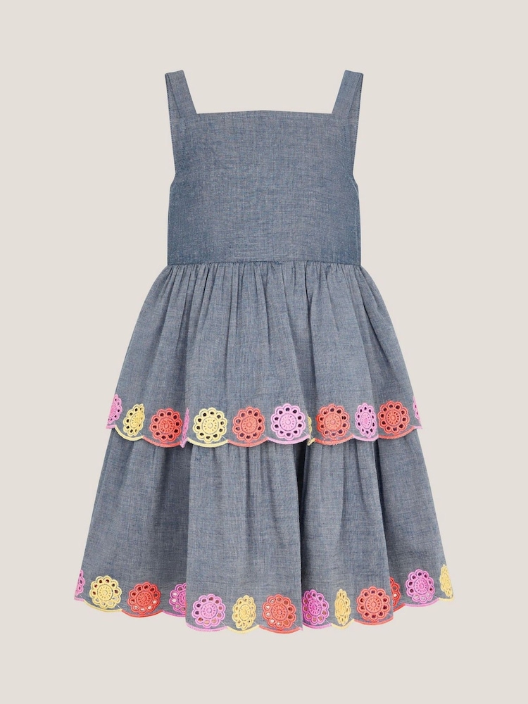Monsoon Blue Chambray Broderie Tiered 100% Cotton Dress - Image 2 of 4