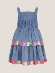 Monsoon Blue Chambray Broderie Tiered 100% Cotton Dress - Image 3 of 4