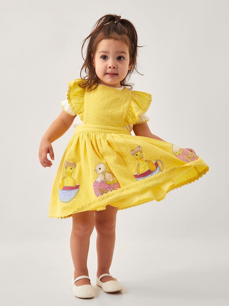 Monsoon Yellow Baby Duck Pinafore 100% Cotton Dress - Image 1 of 4