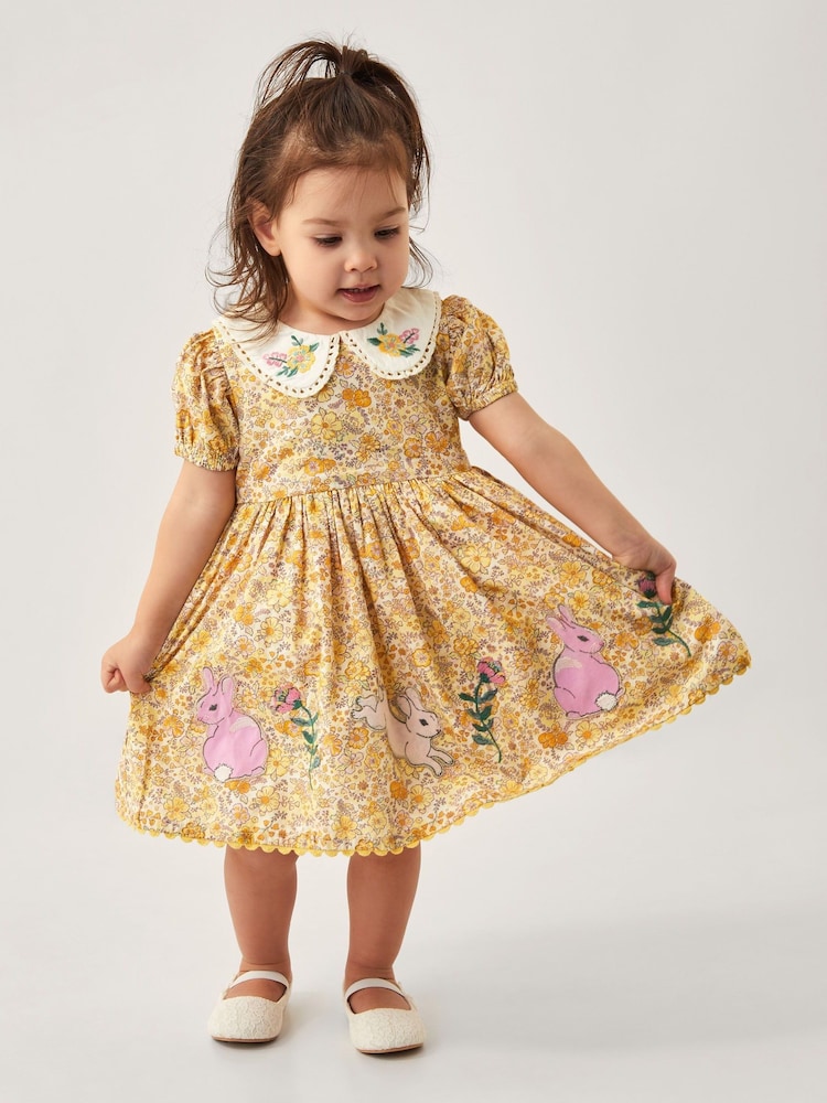 Monsoon Yellow Baby Bunny Applique Floral Dress - Image 1 of 4