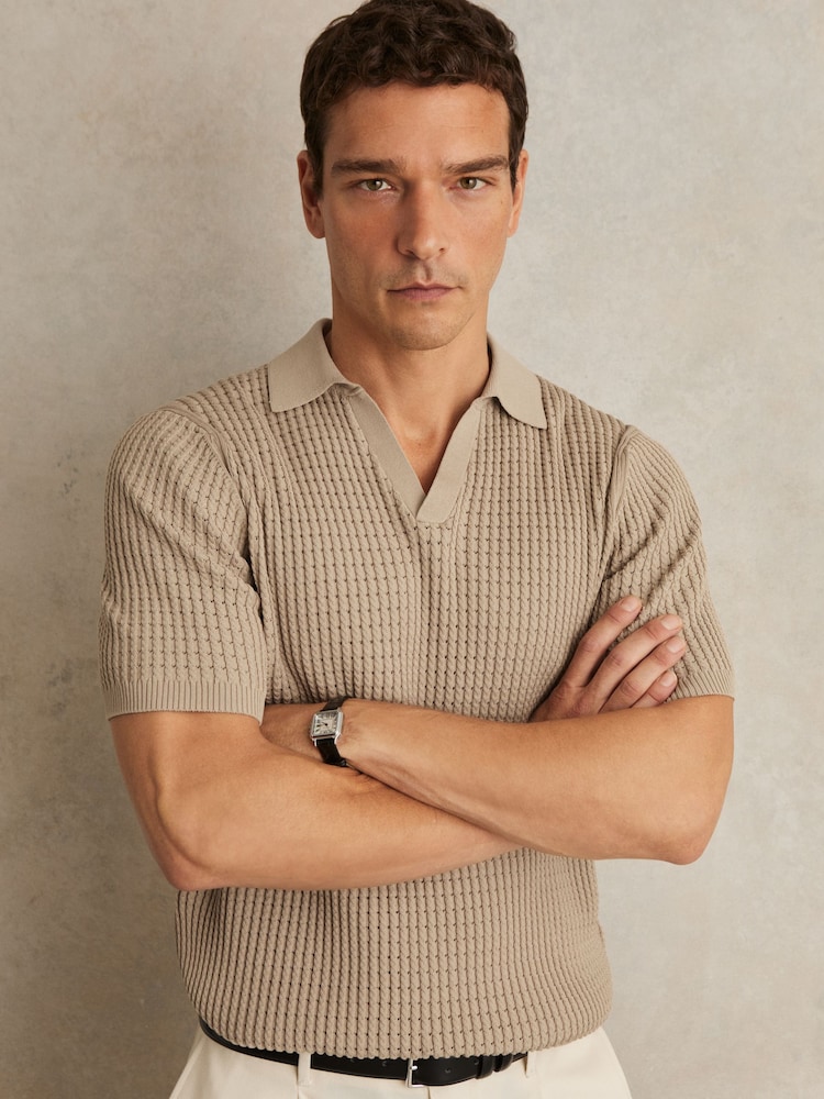 Reiss Light Camel Brown Merit Micro-Cable Open-Collar Cotton-Blend Shirt - Image 1 of 6