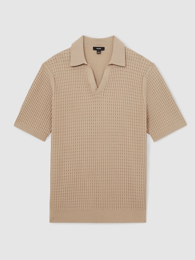 Reiss Light Camel Brown Merit Micro-Cable Open-Collar Cotton-Blend Shirt - Image 2 of 6