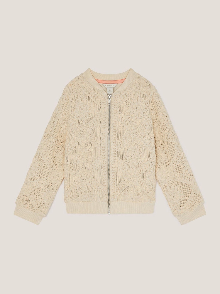 Monsoon Cream 100% Cotton Crochet Bomber Jacket - Image 2 of 3