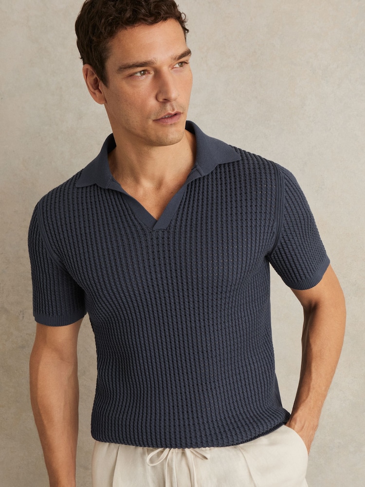 Reiss Dark Airforce Blue Merit Micro-Cable Open-Collar Cotton-Blend Shirt - Image 1 of 7