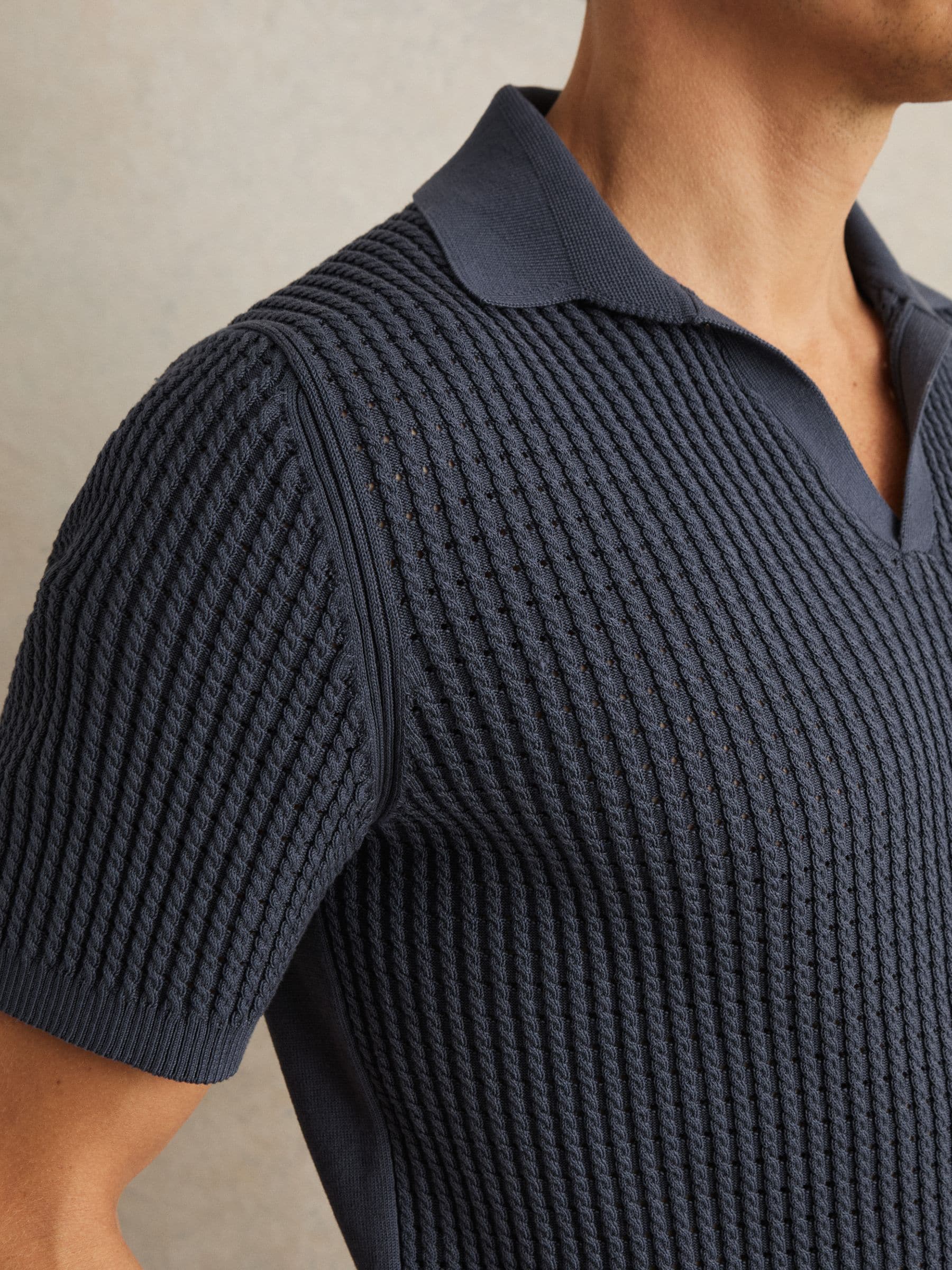 Buy Reiss Dark Airforce Blue Merit Micro-Cable Open-Collar Cotton